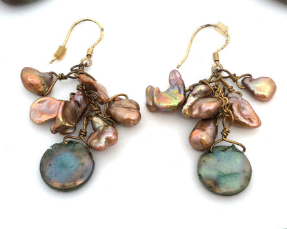 Vintage 925 Sterling Silver Green Jasper Baroque Pearl Necklace Earrings Set