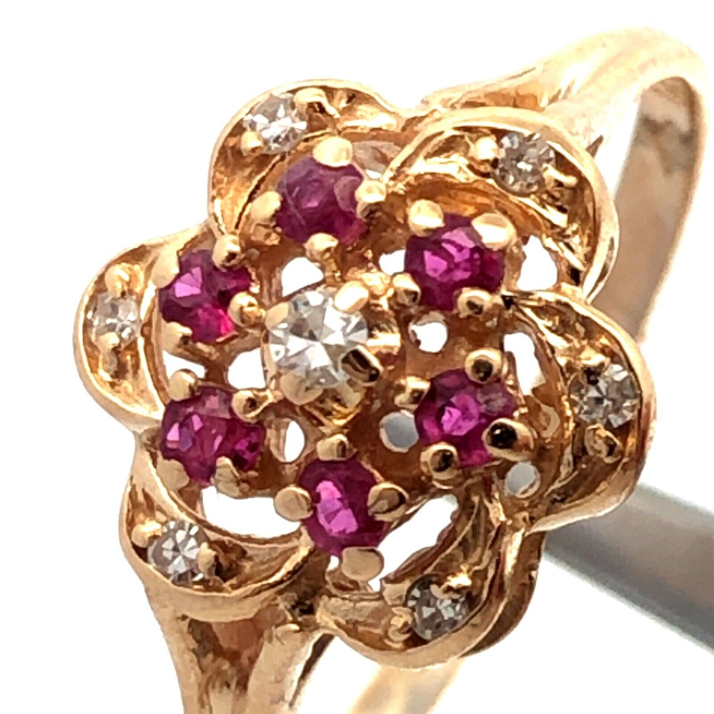 Designer HJW 14K Yellow Gold Round Diamond Ruby Flower Cocktail Ring