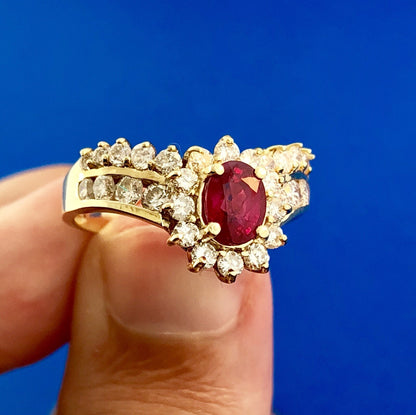 14K Yellow Gold Oval Ruby Diamond Engagement July Bday Cocktail Statement Ring