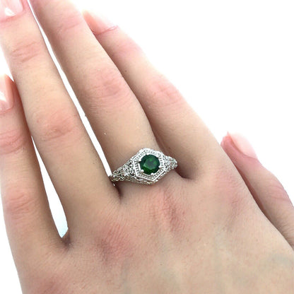 Designer BBJ 925 Sterling Silver Round Green Tourmaline Filigree Solitaire Ring