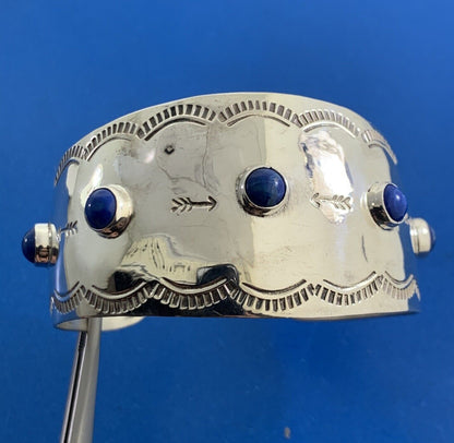 Taxco Mexico Sterling Silver Lapis Lazuli Storyteller Open Cuff Bangle Bracelet