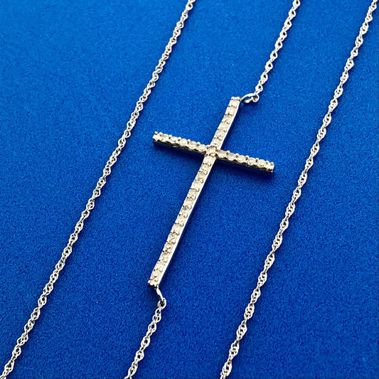 Designer 14K White Gold Diamond Bar Cross Religious Communion Easter Necklace