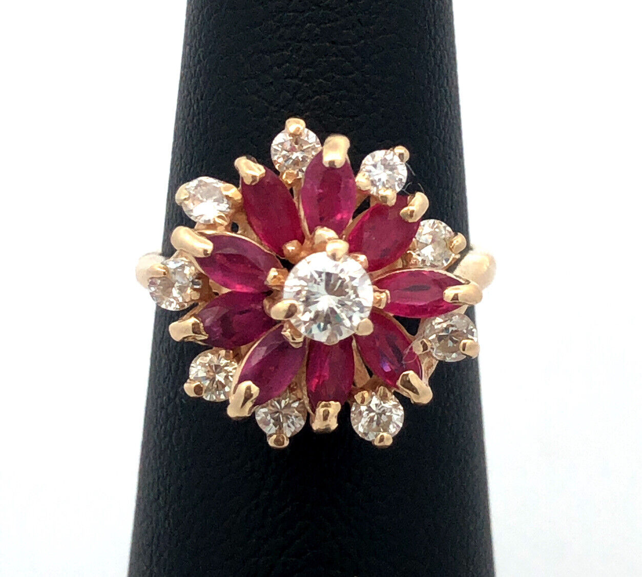 Vintage 14K Yellow Gold Round Diamond Marquise Lab Created Ruby Cocktail Ring