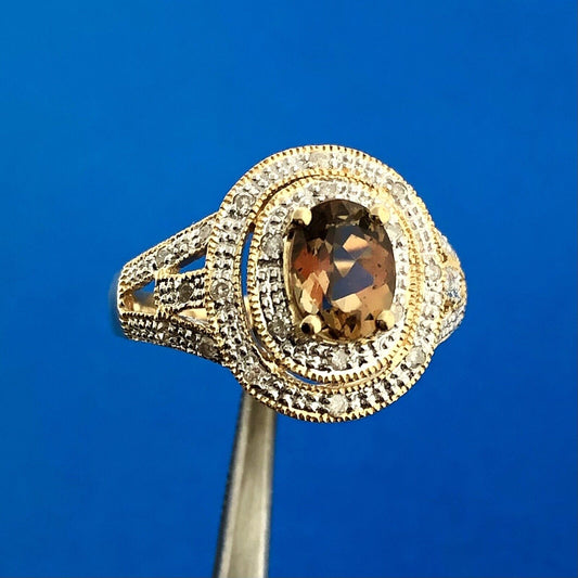 Designer DYACH 14K Yellow Gold Oval Smoky Quartz Diamond Double Halo Ring