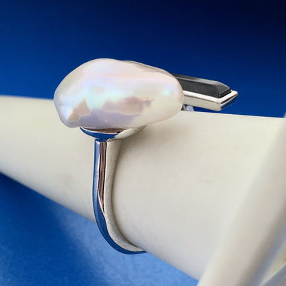 Retro Modernist 925 Sterling Silver Freshwater Pearl Hematite Adjustable Ring