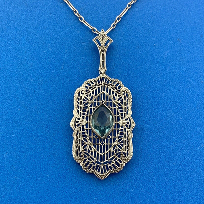 Art Deco 10K 14K White Gold Marquise Art Glass Open Filigree Statement Necklace