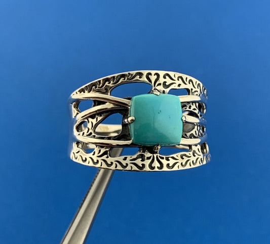 Designer DK Sterling Silver 925 Cabochon Square Blue Turquoise Ring Size 10