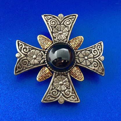 HMR CMA Gold Silver Tone Black Hematite Floral Scroll Maltese Cross Pin Pendant