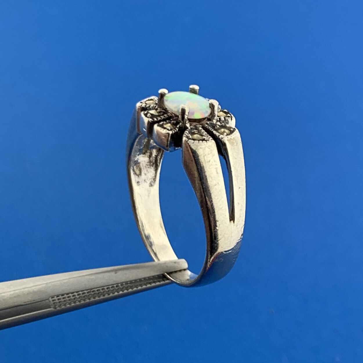 Designer CII Mexico Sterling Silver 925 Opal Marcasite Flower Design Ring