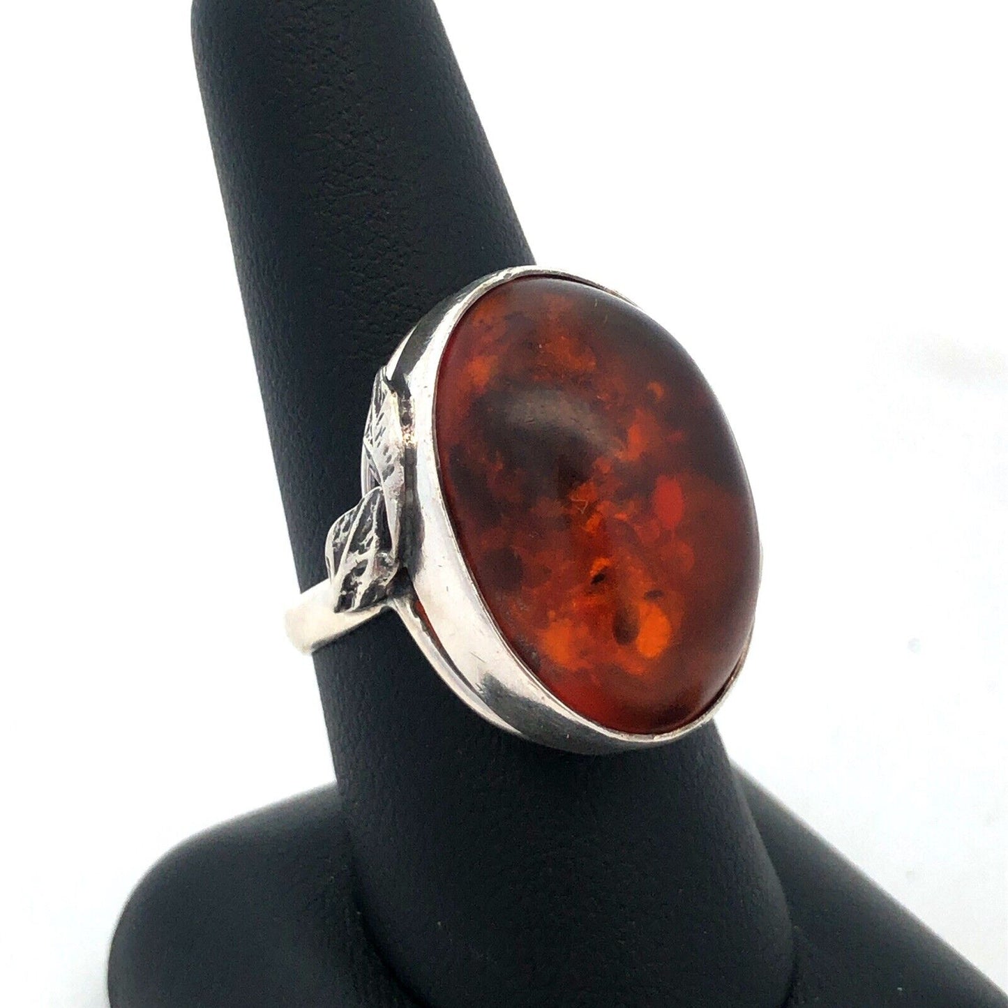 925 Sterling Silver Vintage Oval Cabochon Amber Leaves Nature Statement Ring