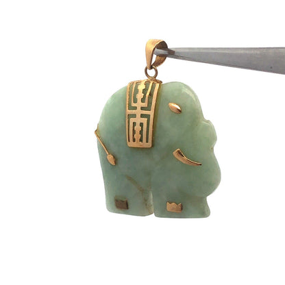 Vintage 10K Yellow Gold Jade Elephant Good Luck Symbolic Charm Pendant