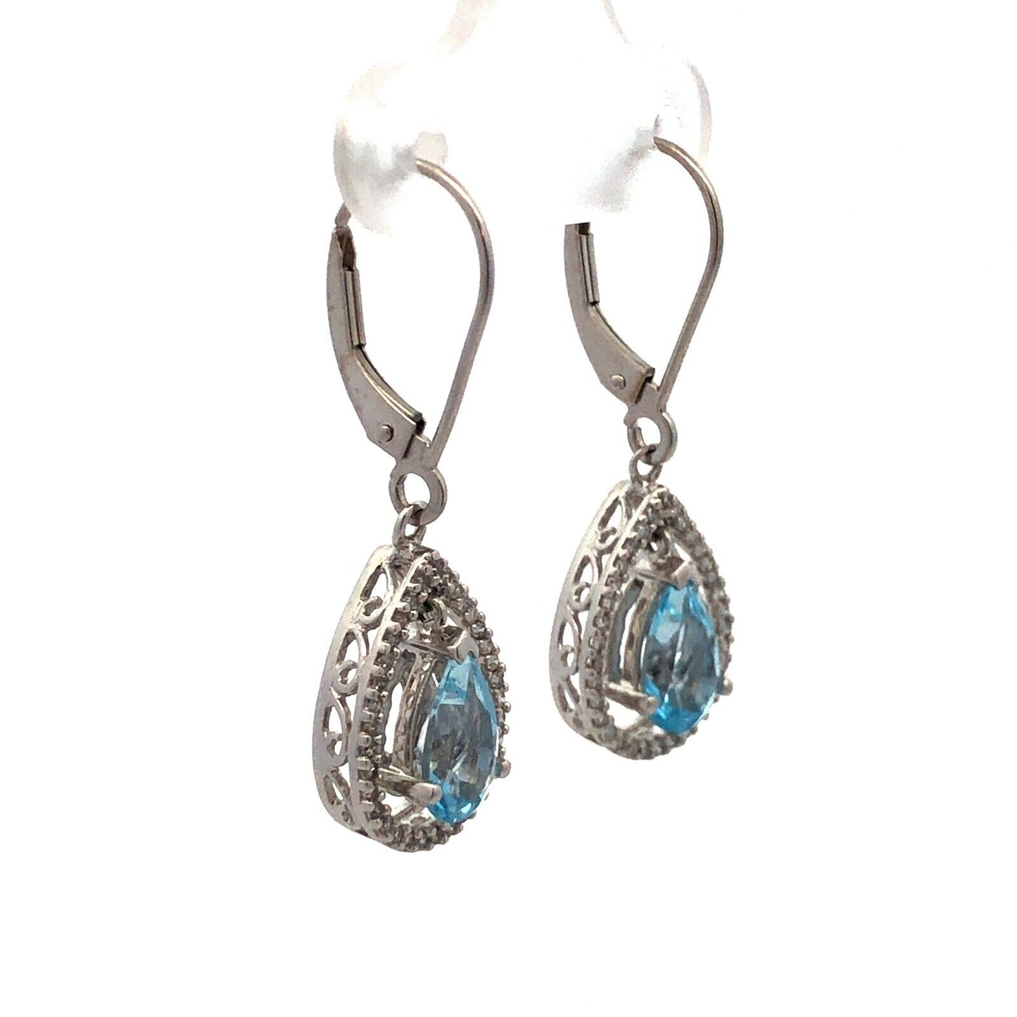 14k White Gold Pear Blue Topaz with Pave Diamond Halo Drop Dangle Earrings