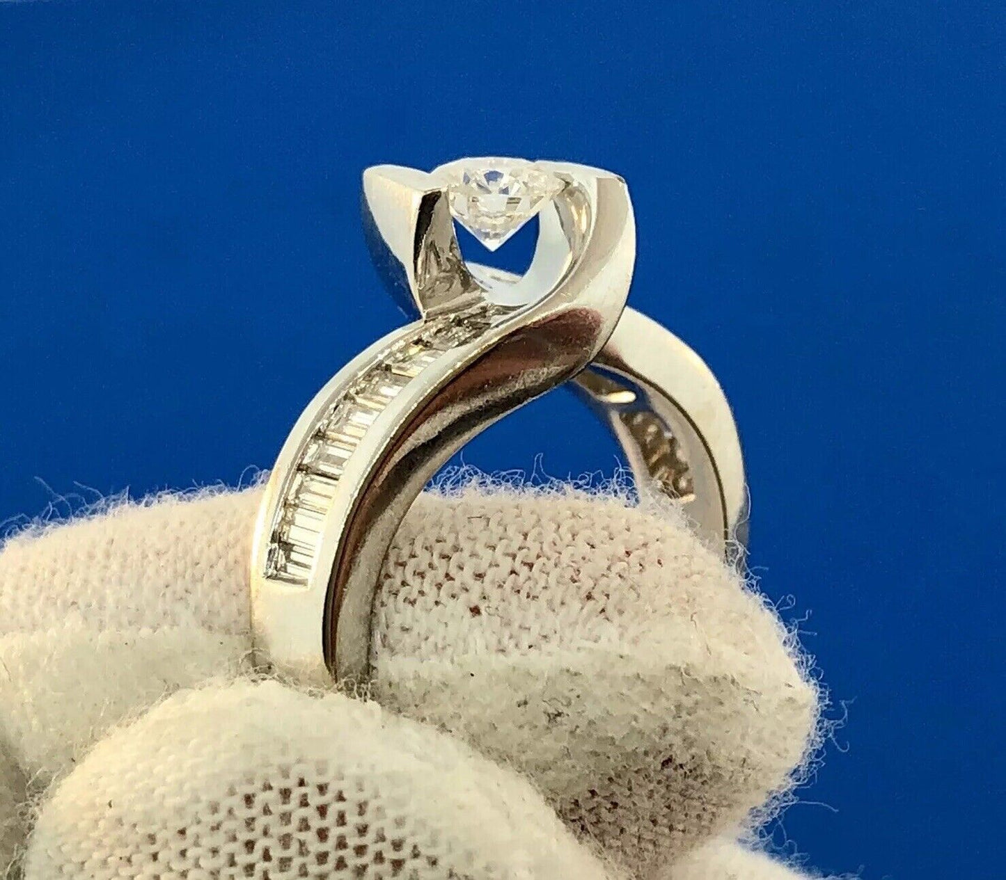 14K White Gold Diamond Solitaire W/Accents Suspension Bypass Engagement Ring