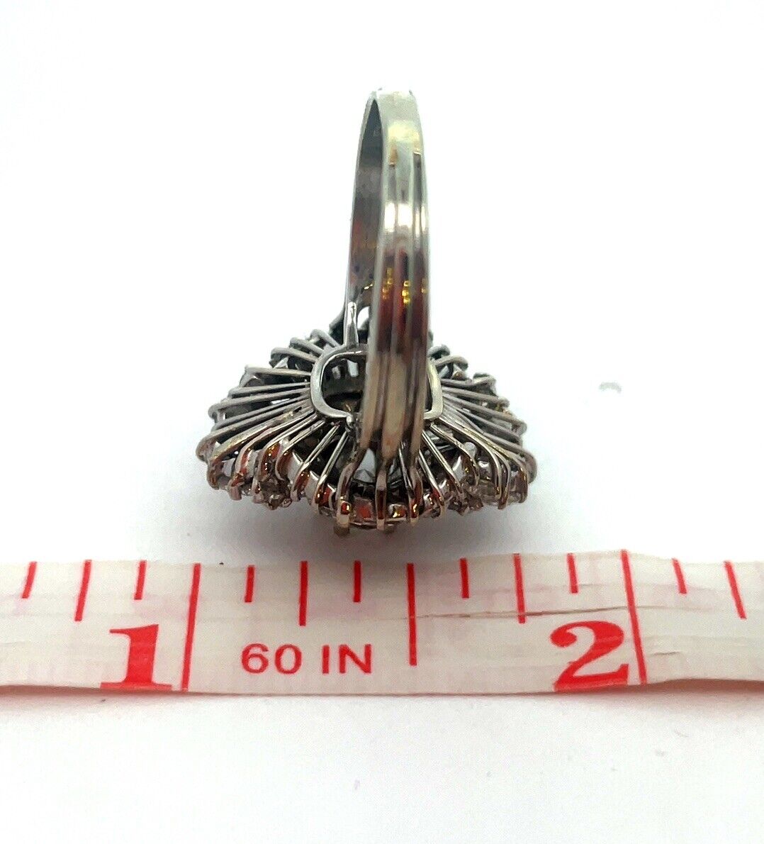 Estate 14K White Gold Round Diamond Center Waterfall Wave Accented Cocktail Ring