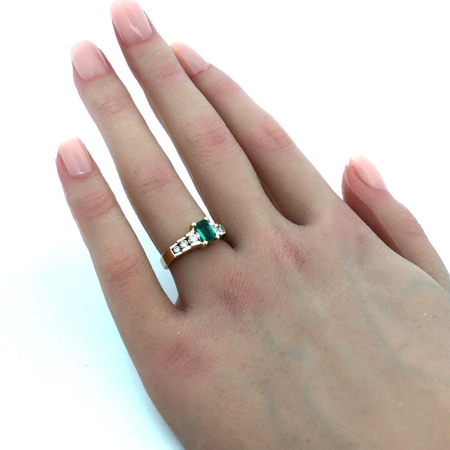 Designer BM 14K Yellow Gold Green Emerald Diamond Solitaire Anniversary Ring