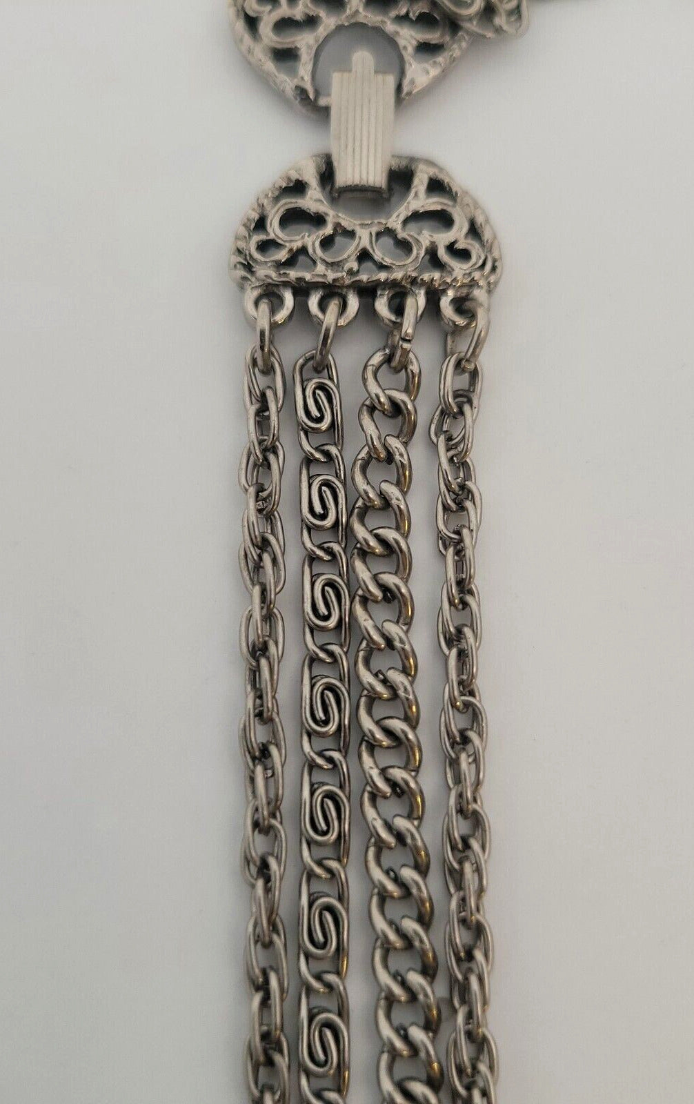 1960'S Goldette Silver Tone Smoky Glass Incused Cameo Layered Chain Necklace