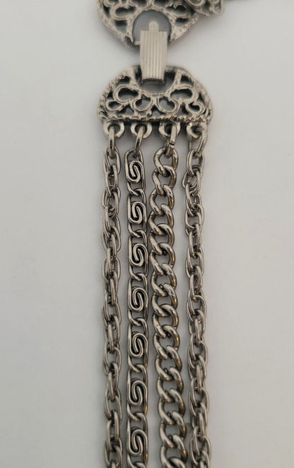 1960'S Goldette Silver Tone Smoky Glass Incused Cameo Layered Chain Necklace