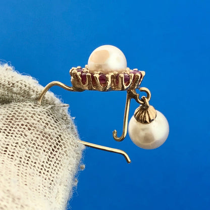 Vintage 14k Yellow Gold Round Cut Red Ruby White Pearl French Hook Earrings