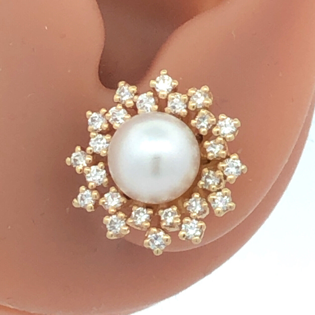 Designer 14K Yellow Gold Round Pearl Stud With Diamond Halo Earring Jackets