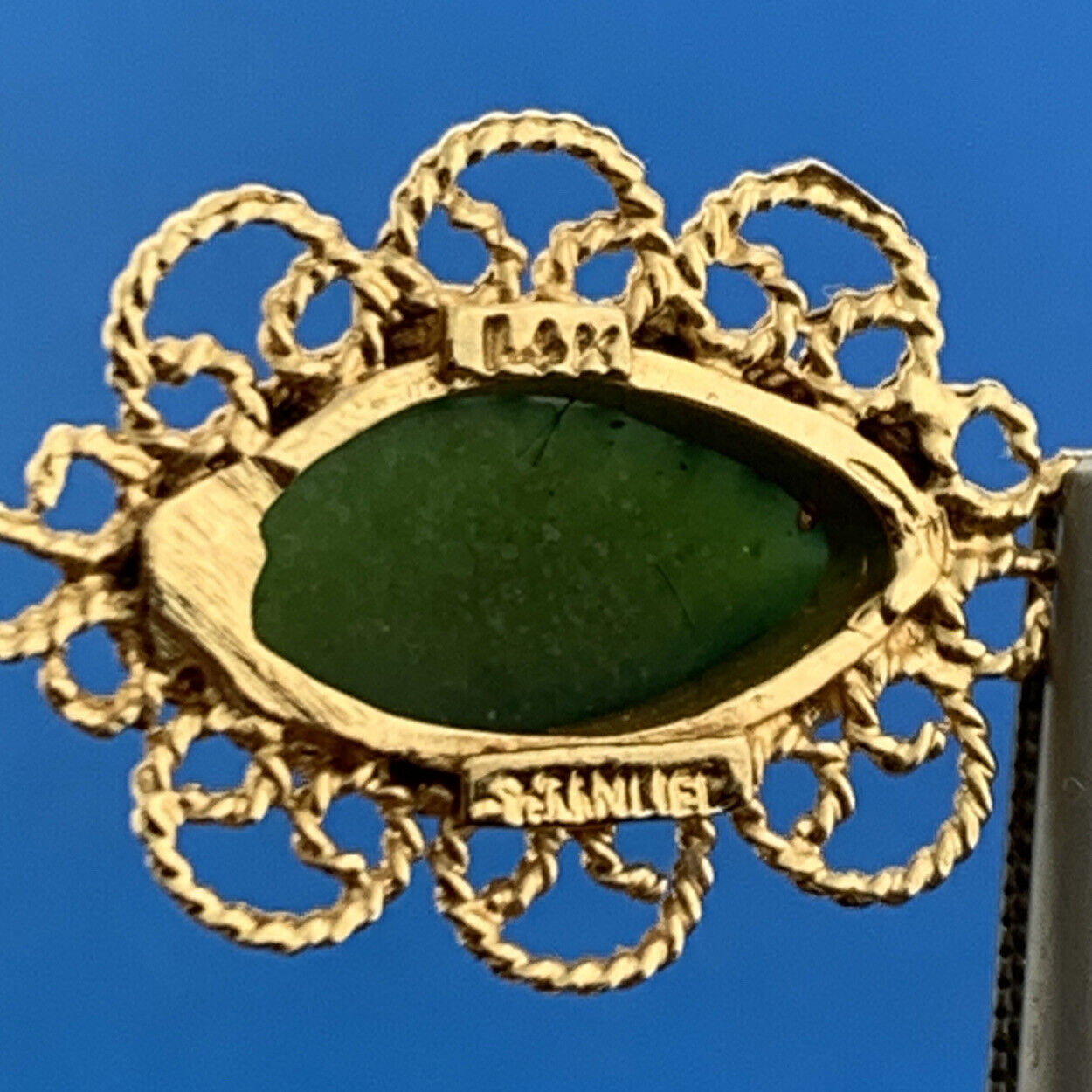Vintage 14K Yellow Gold Marquis Jade Cabochon Filigree Dangle Drop Earrings