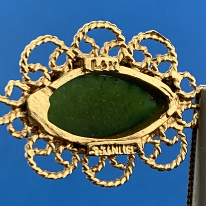 Vintage 14K Yellow Gold Marquis Jade Cabochon Filigree Dangle Drop Earrings