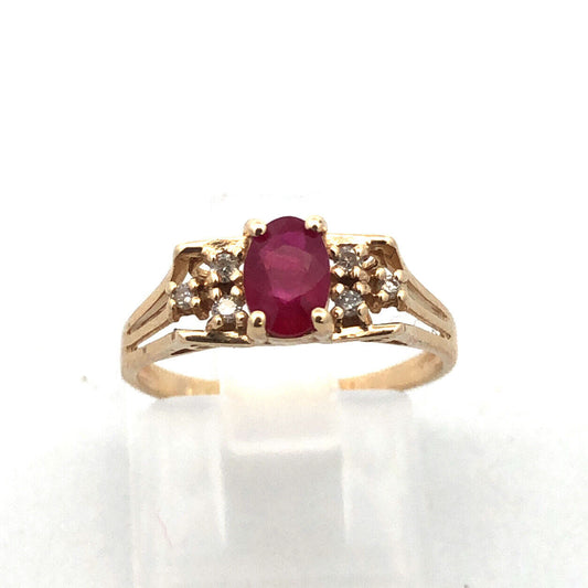Estate 14K Yellow Gold Oval Ruby Diamond Accented July Anniversary Occasion Ring
