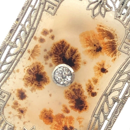 Antique 10K White Gold White Sapphire Aqate Filigree Statement Pendant Necklace