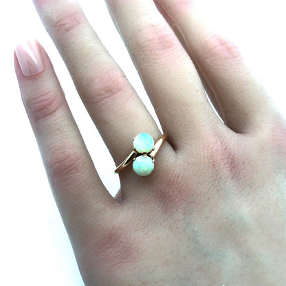 Retro 14K Yellow Gold Fire Opal Duo Bypass October Birthstone Cocktail Ring