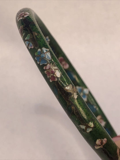 Vintage Cloisonne Green Enamel Floral Bangle Stackable Bracelet Set