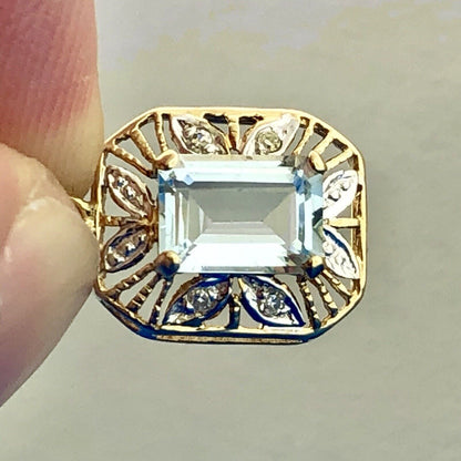 Stunning 10K Yellow White Gold Blue Topaz Diamond Filigree Charm Pendant