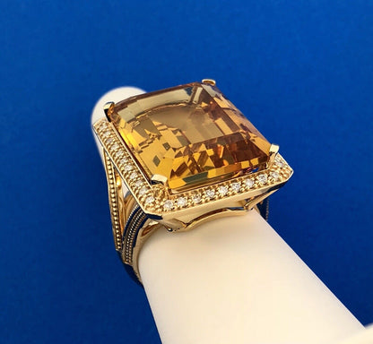 Dramatic 14K Yellow Gold Citrine Diamond Halo November Anniversary Dinner Ring