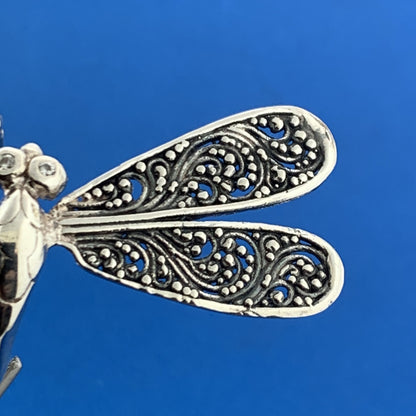 925 Sterling Silver Diamond Balinese Scroll Dragonfly Statement Ring