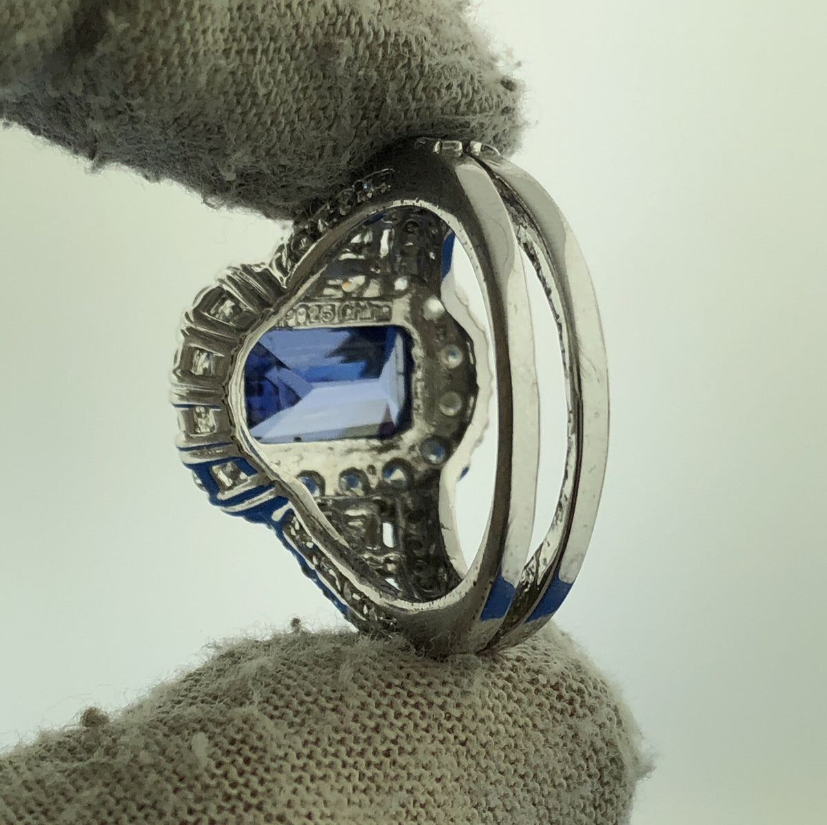 Dramatic 925 Sterling Silver Rectangle Blue Tourmaline CZ Accent Statement Ring