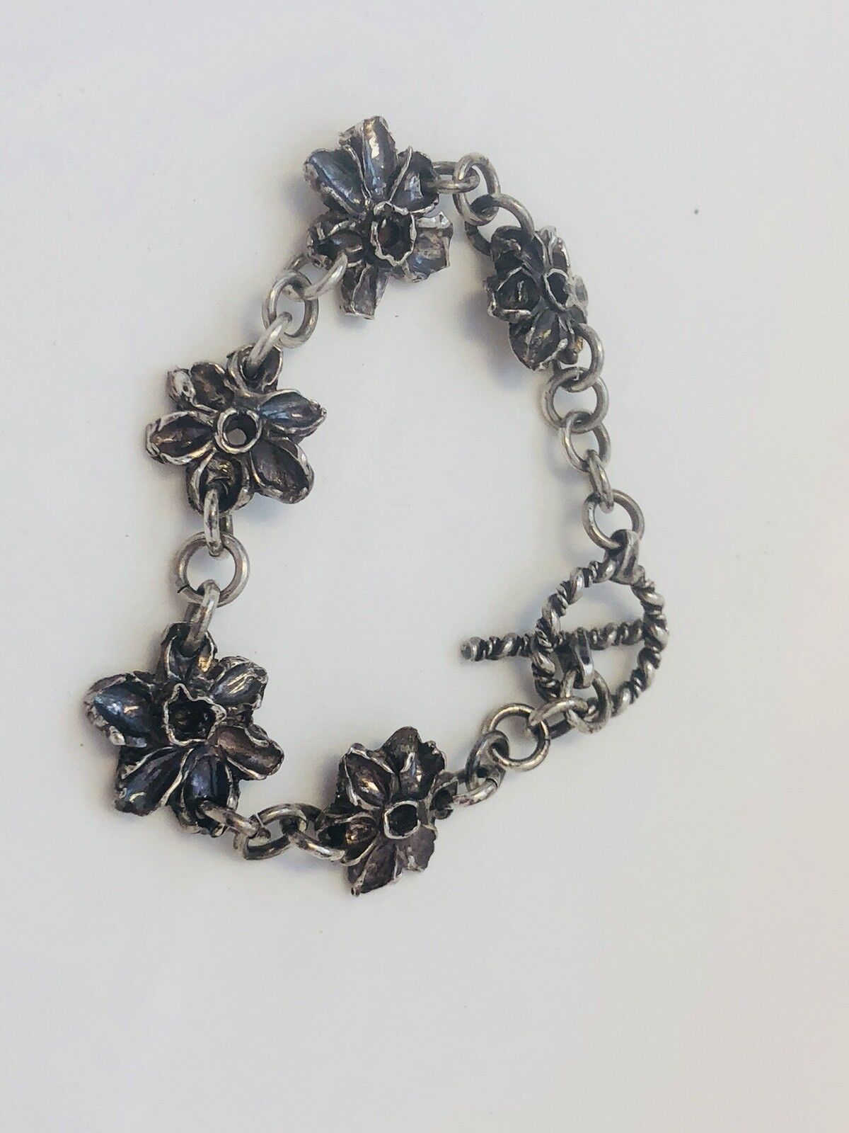 Native American Signed Sterling Silver 925 Flower Panel Toggle Bracelet