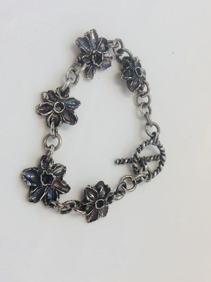 Native American Signed Sterling Silver 925 Flower Panel Toggle Bracelet