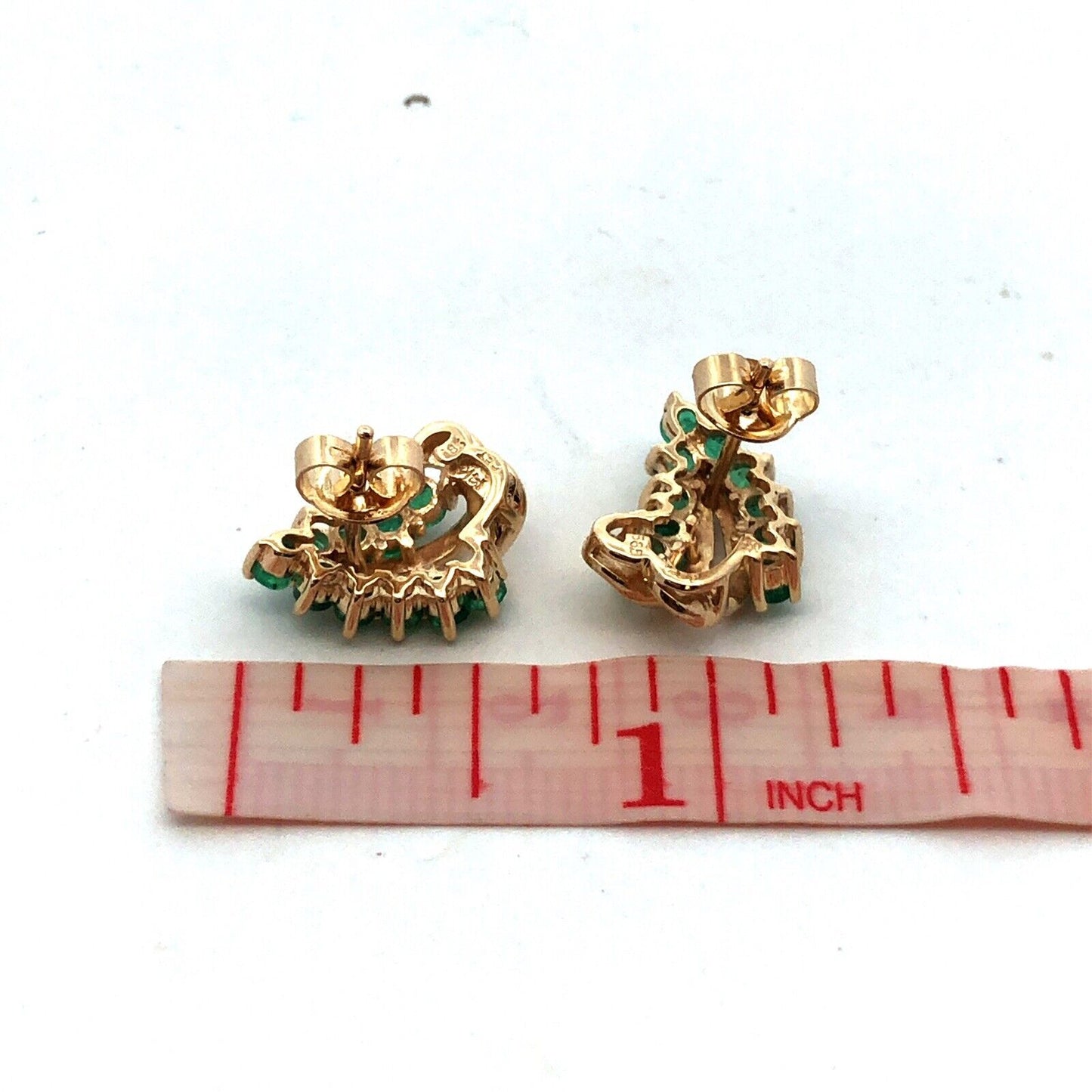 14K Yellow Gold Designer CET Round Green Emerald Leaf Statement Stud Earrings