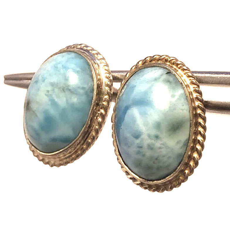 Vintage 925 Sterling Silver Blue Larimar Oval Statement Stud Earrings