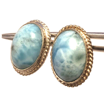 Vintage 925 Sterling Silver Blue Larimar Oval Statement Stud Earrings