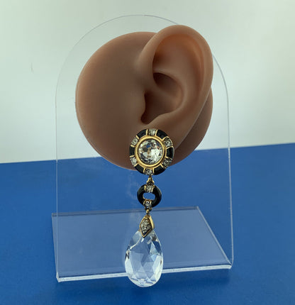 Retro Swarovski Gold Tone Enamel Crystal Statement Clip On Drop Dangle Earrings