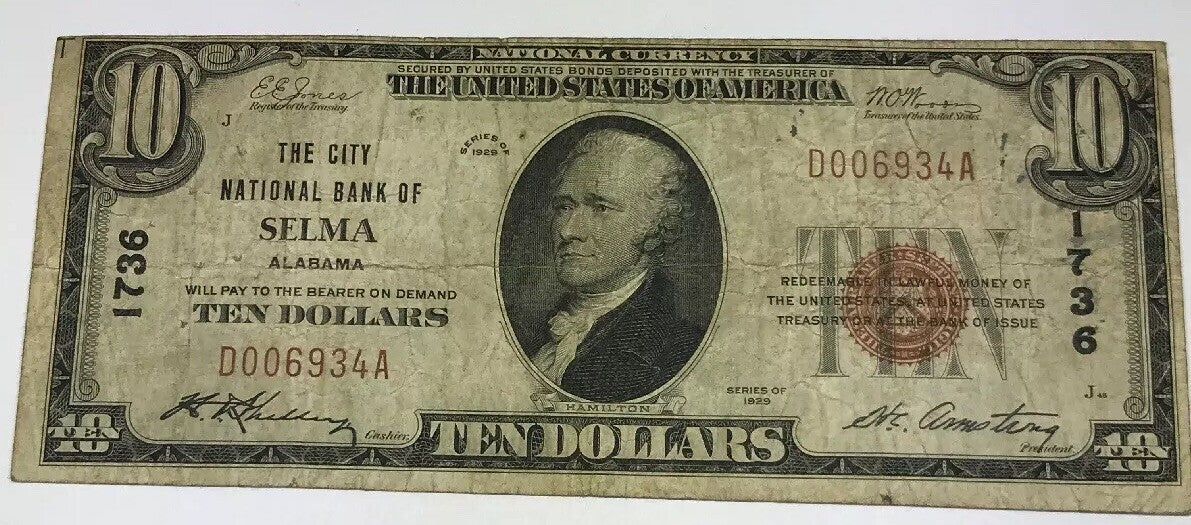 1929 Type 1 $10 The City National Bank of Selma Alabama Charter 1736 Tough Note!