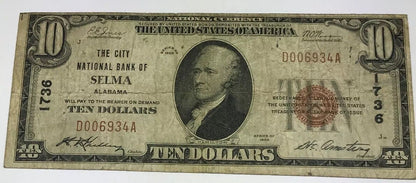 1929 Type 1 $10 The City National Bank of Selma Alabama Charter 1736 Tough Note!