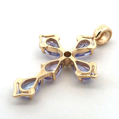 Designer Mexico 14K Yellow Gold Pear Tanzanite Diamond Accent Cross Pendant