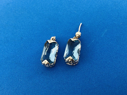 Sterling Silver Rectangle Blue Topaz Bead Scroll Work Statement Drop Earrings