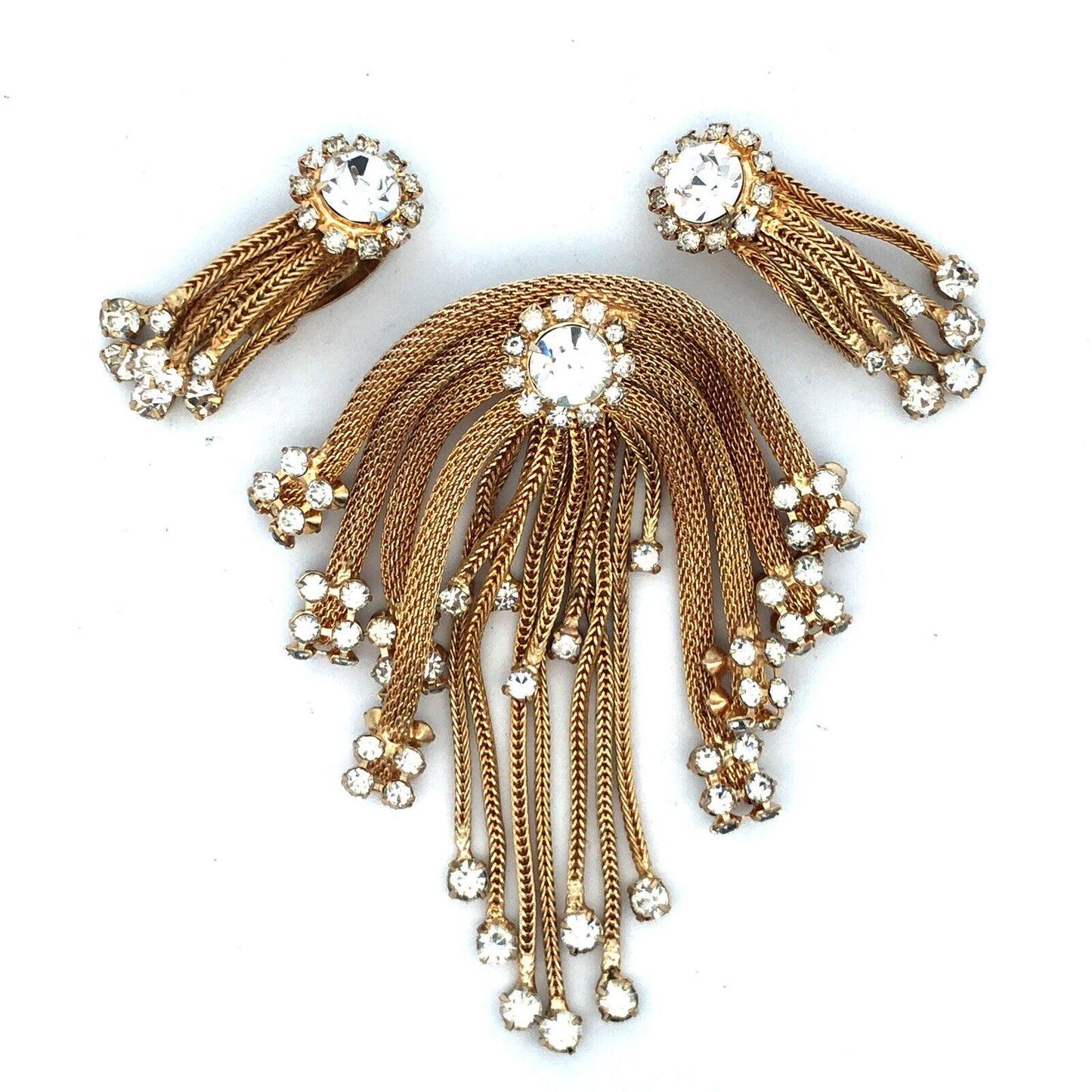 Mid Century Gold Tone Rhinestone Mesh Chain Statement Brooch Earrings 3 Pc Set