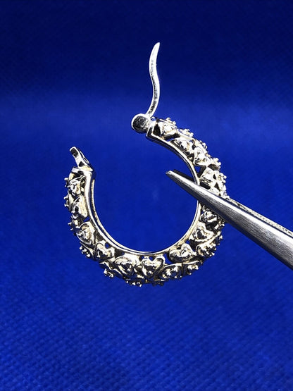 Designer 925 Sterling Silver Textured Heart Detail Snap Round Hoop Earrings