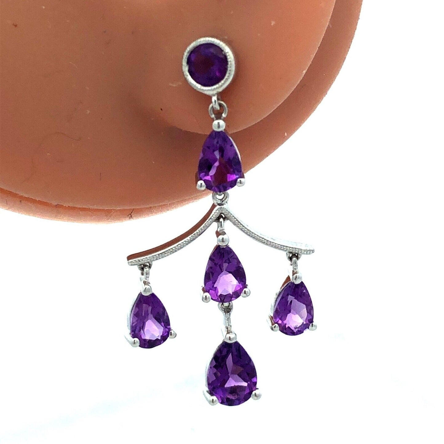 14K White Gold Designer Pear Round Amethyst Chandelier Stud Dangle Earrings