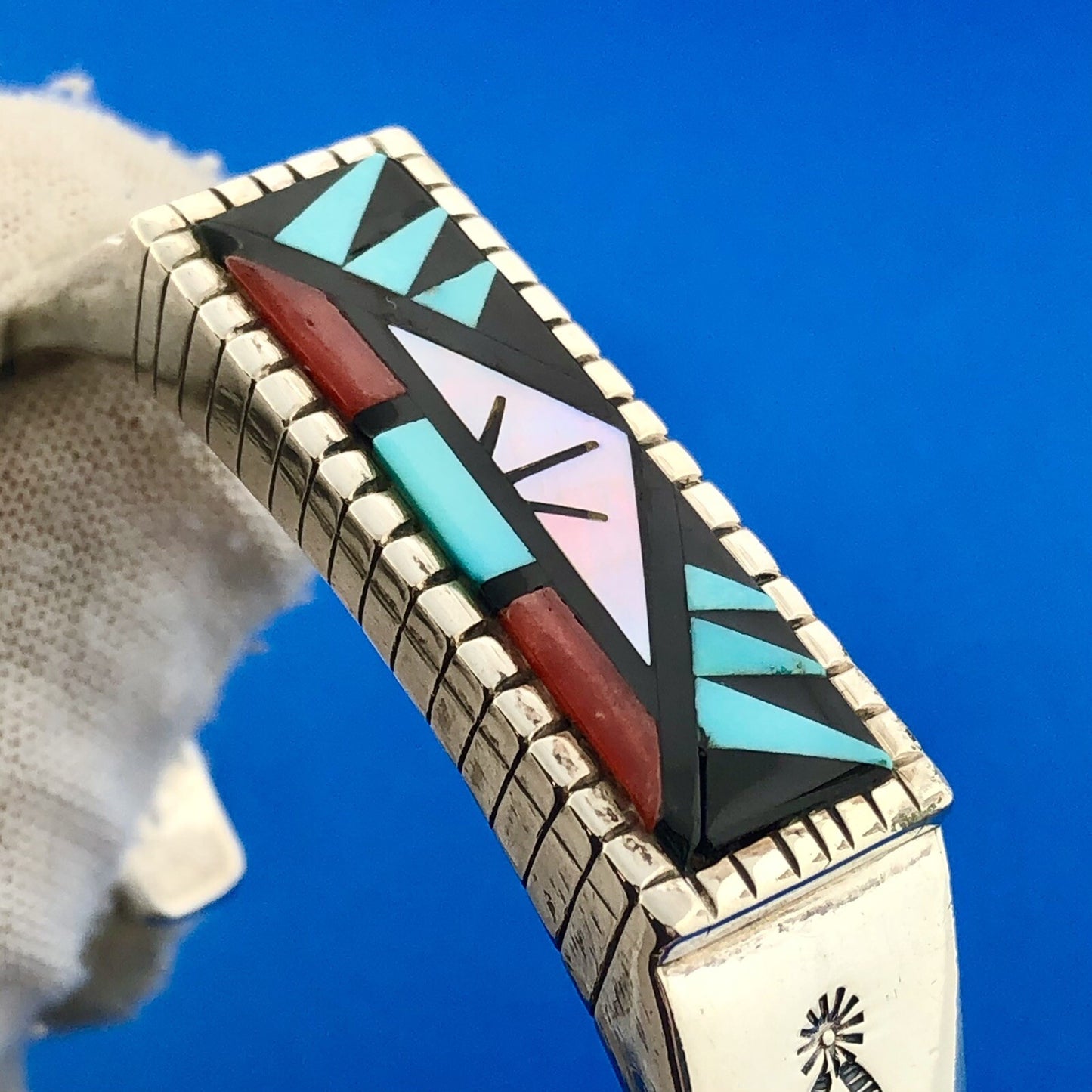 Rare Kee Montoya Navajo Sterling Silver Multi Gem Inlay Statement Cuff Bracelet