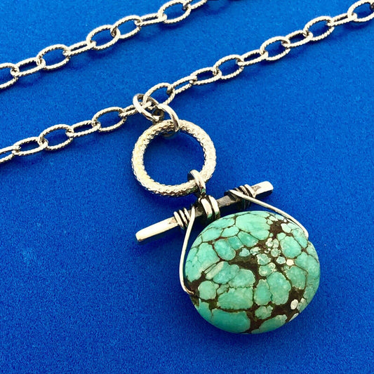 Vintage Artisan 925 Sterling Silver Oval Turquoise Bead Link Chain Necklace
