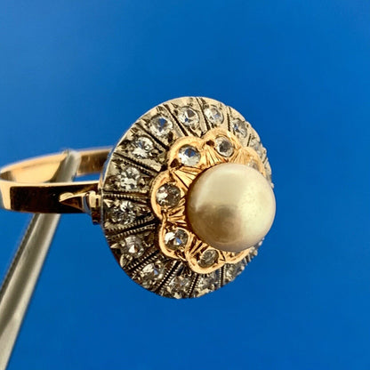 Vintage 18K Yellow White Gold Pearl White Amethyst Double Halo Tiered Ring