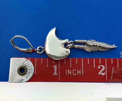 Gene Nataan Navajo 925 Sterling Silver Bear Feather Concho Drop Dangle Earrings